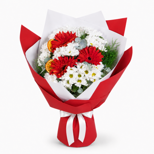 Beyaz Papatya ve Kırmızı Gerbera Buketi