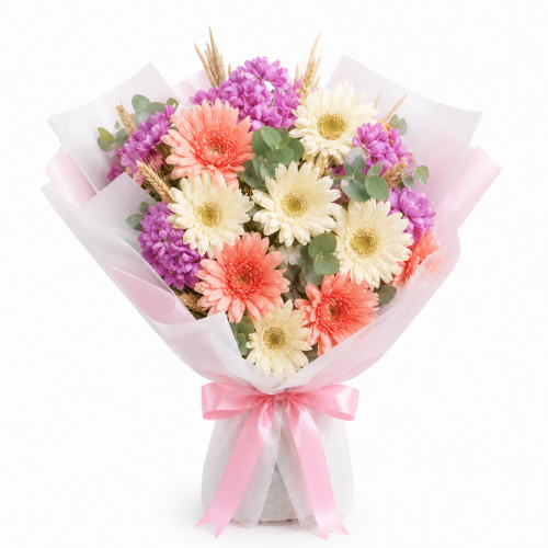 8 Renkli Gerbera ve Pembe Papatya Buketi