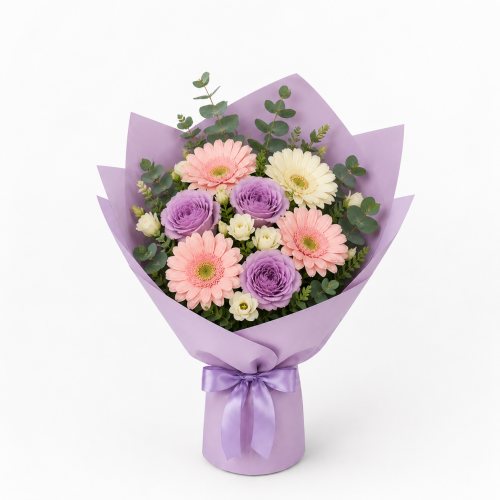 Gerbera ve Lila Gül Buketi
