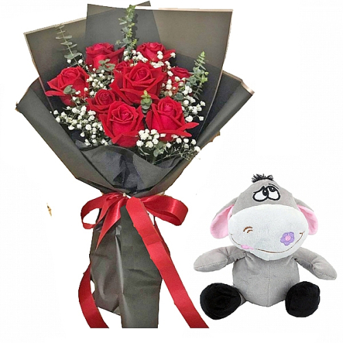 7 Kırmızı Gül Buketi ve Peluş Eşek